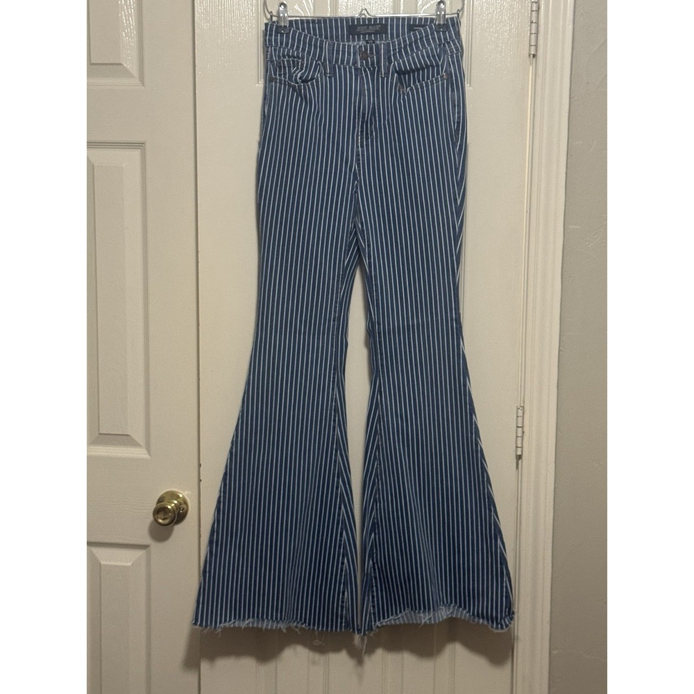 Judy Blue Super Flare 27 Striped Pin Stripe High Waist Bell Bottom Frayed Hem